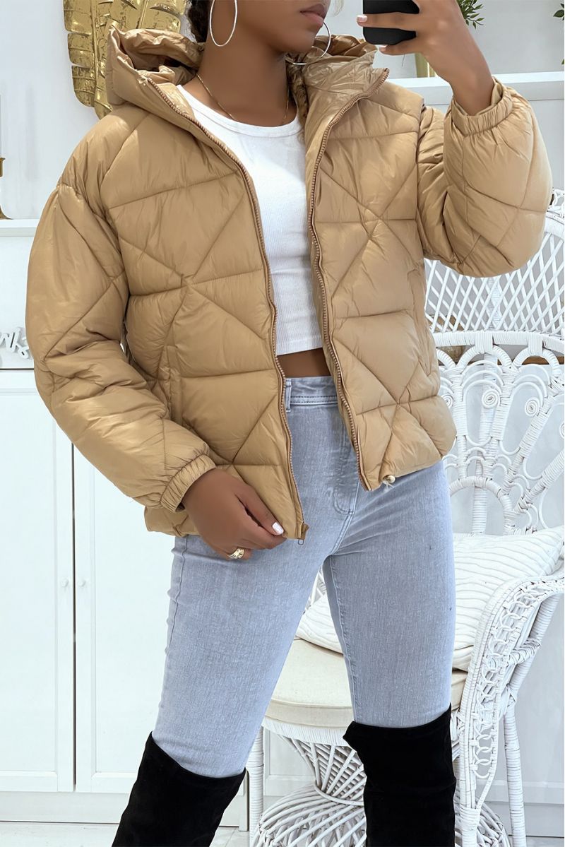Puffer Jacket with Triangular Quilted Hood - Lightweight & Warm